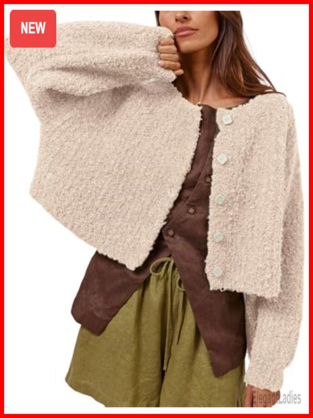 Fluffy Knit Cardigan Open Front Button Down Cropped Sweater Jacket